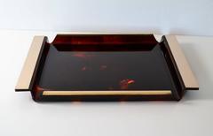 Faux Tortoiseshell Serving Tray Lucite and Brass, Italy, 1970s