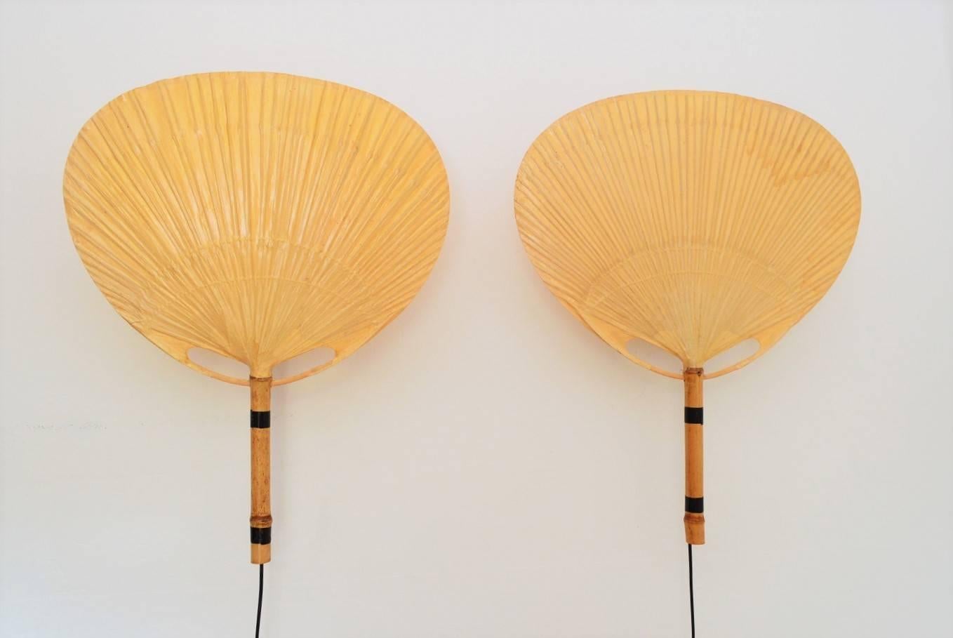 Three different wall sconces Ingo Maurer, Germany, 1973
made of bamboo and rice paper.
The set is composed as follows:
2 pcs. Uchiwa fans, 30.71 in.Hx23.23 in.Wx7.09 in.D
1 pc. Uchiwa fan, 23.62 in.Hx18.11 in.Wx7.87 in.D
All pieces in excellent