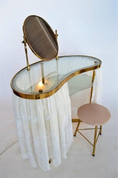 Italian Dressing Vanity Table and Chair of Brass and Glass, Illuminated, 1950s