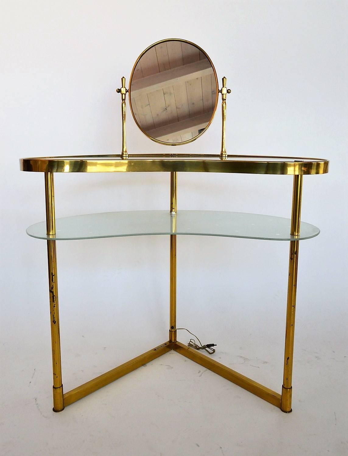 Italian Dressing Vanity Table and Chair of Brass and Glass, Illuminated, 1950s 3