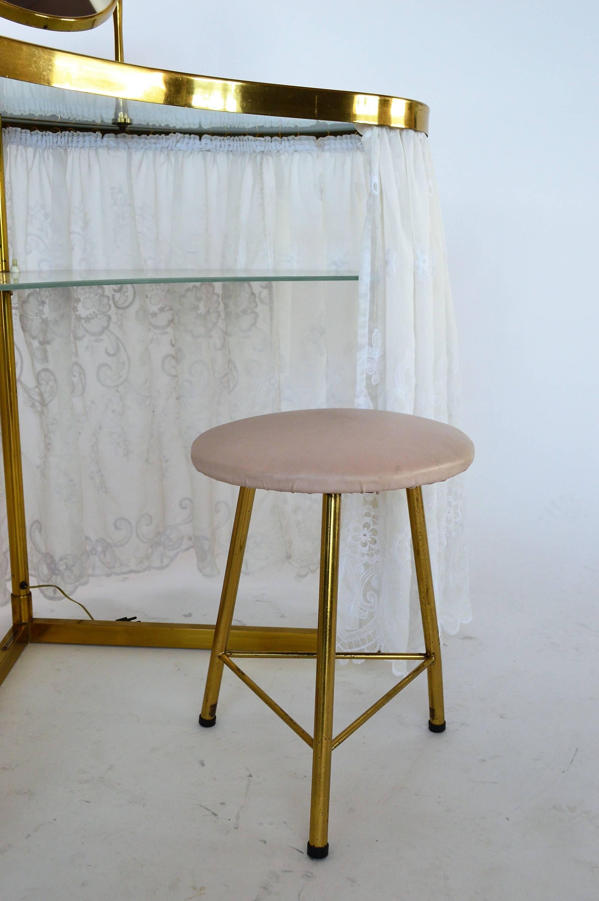 Italian Dressing Vanity Table and Chair of Brass and Glass, Illuminated, 1950s 4