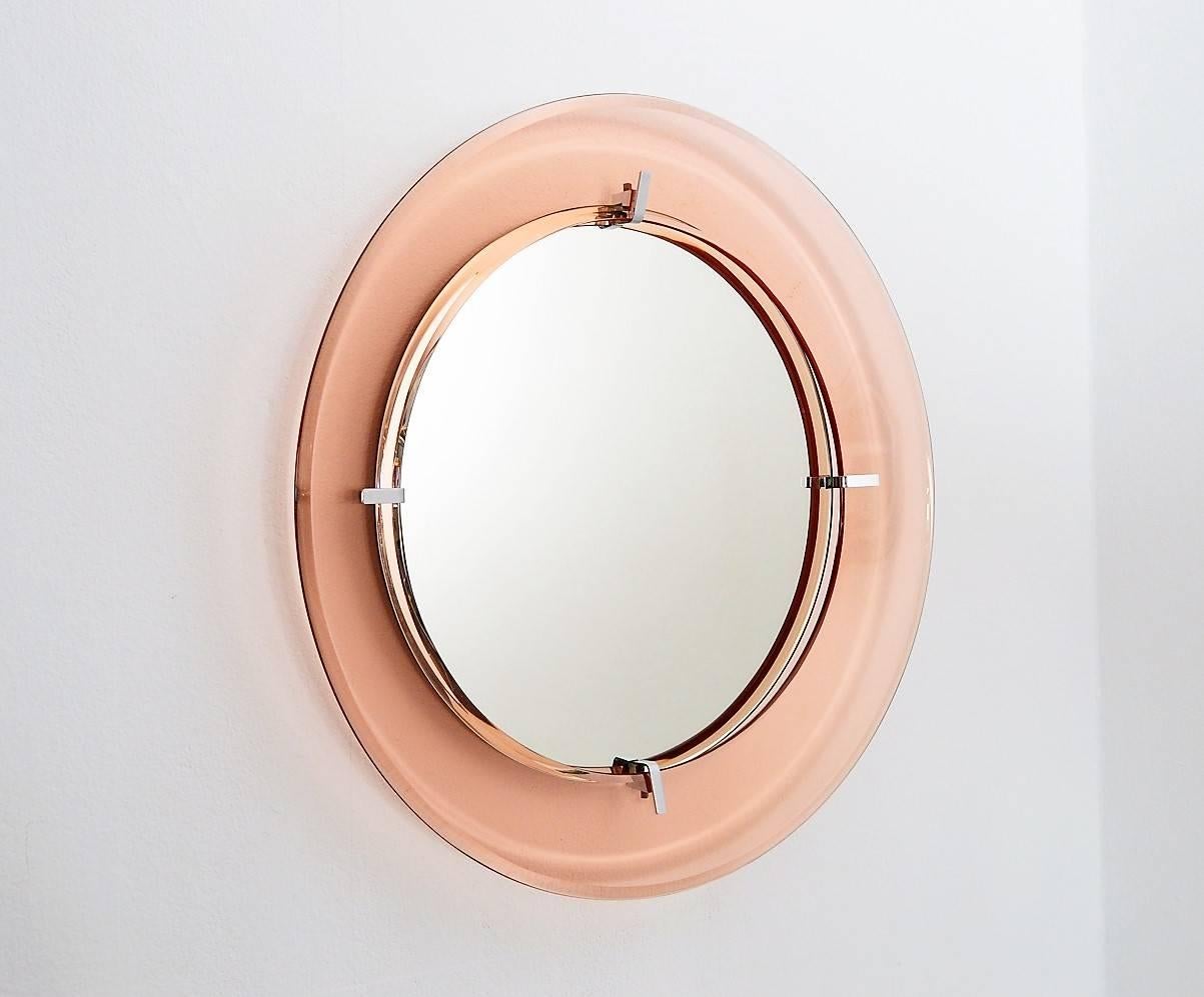 Mid-Century Modern Italian Pink Rose Glass Wall Mirror from Cristal Arte, 1970s