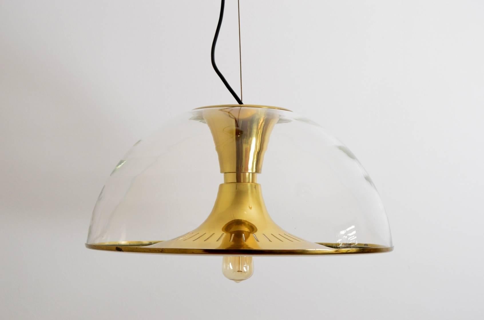 Hand-Crafted Brass and Glass Dome Pendant, 1970s