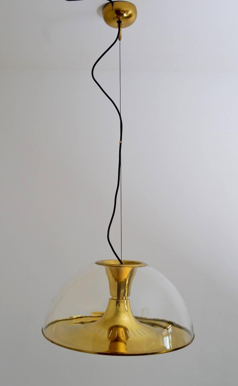 Brass and Glass Dome Pendant, 1970s In Good Condition In Morazzone, Varese