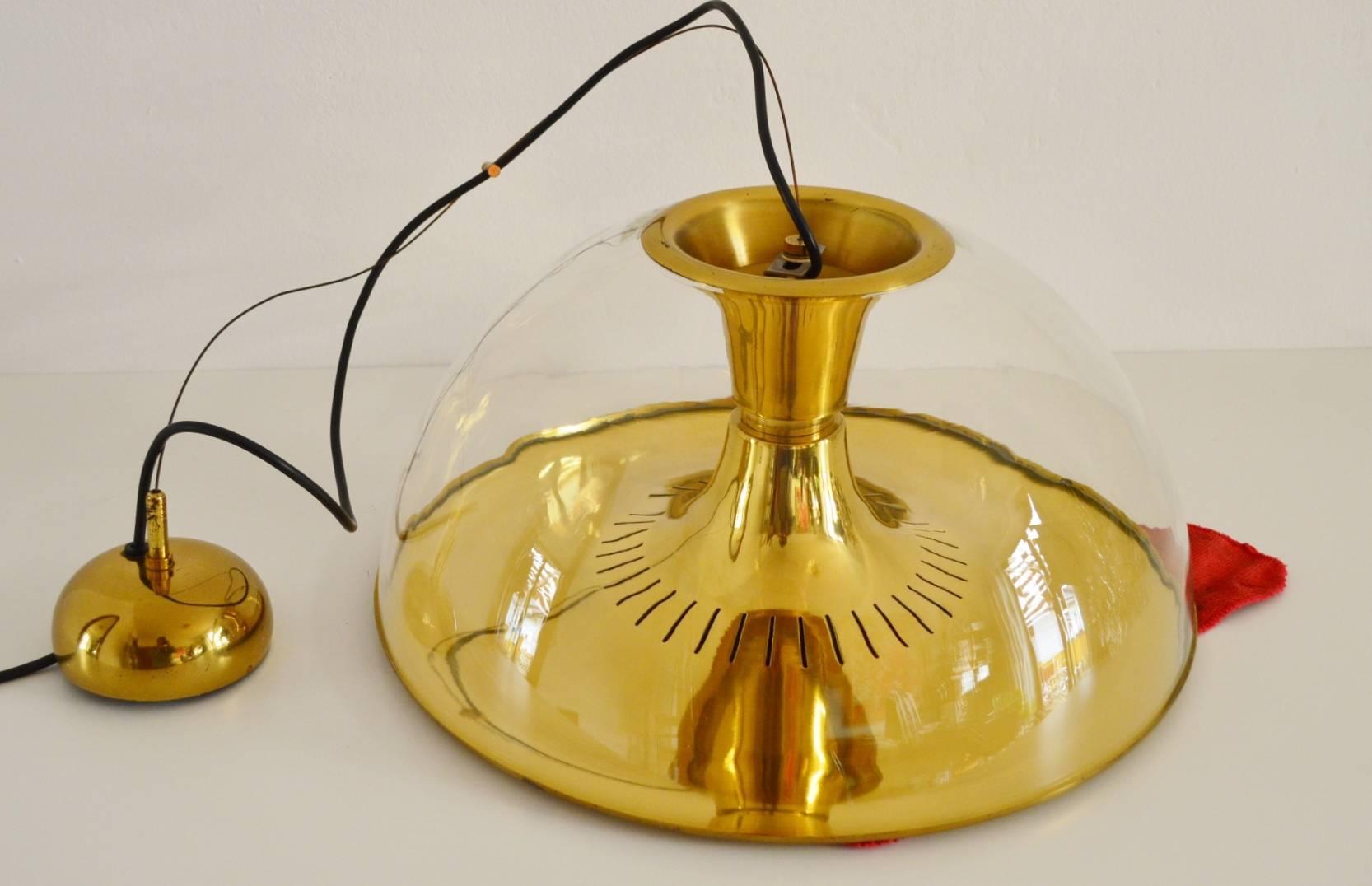 Brass and Glass Dome Pendant, 1970s 1
