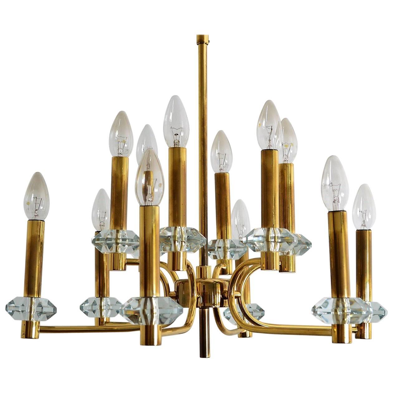 Hollywood Regency Brass and Glass Chandelier with Twelve Lights, 1960s