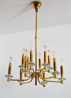 Hollywood Regency Brass and Glass Chandelier with Twelve Lights, 1960s
