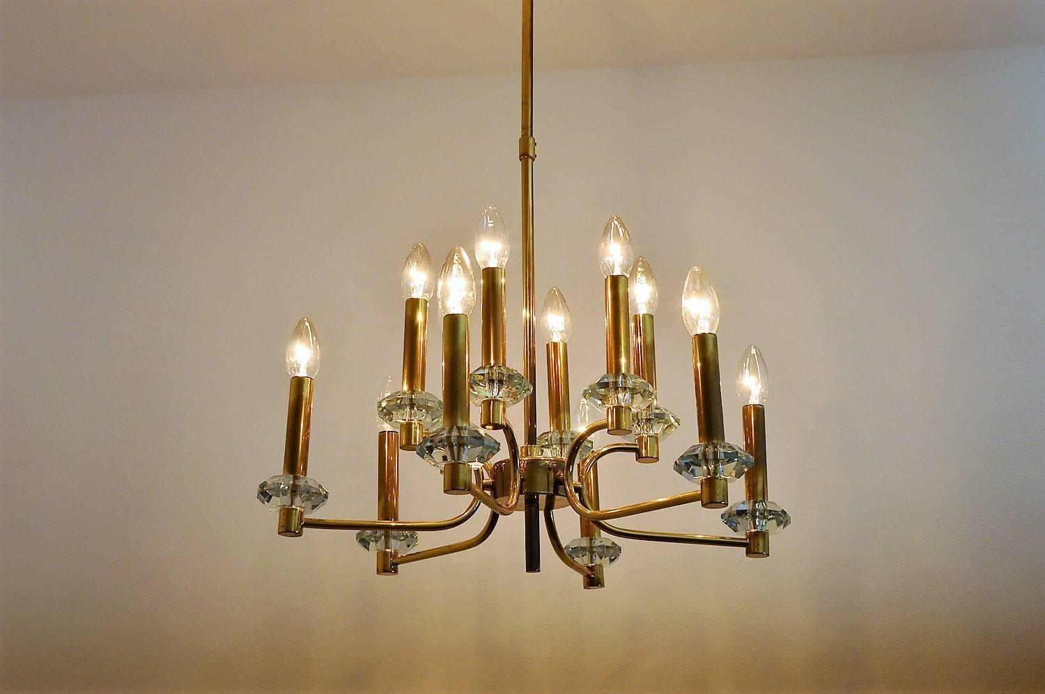 German Hollywood Regency Brass and Glass Chandelier with Twelve Lights, 1960s