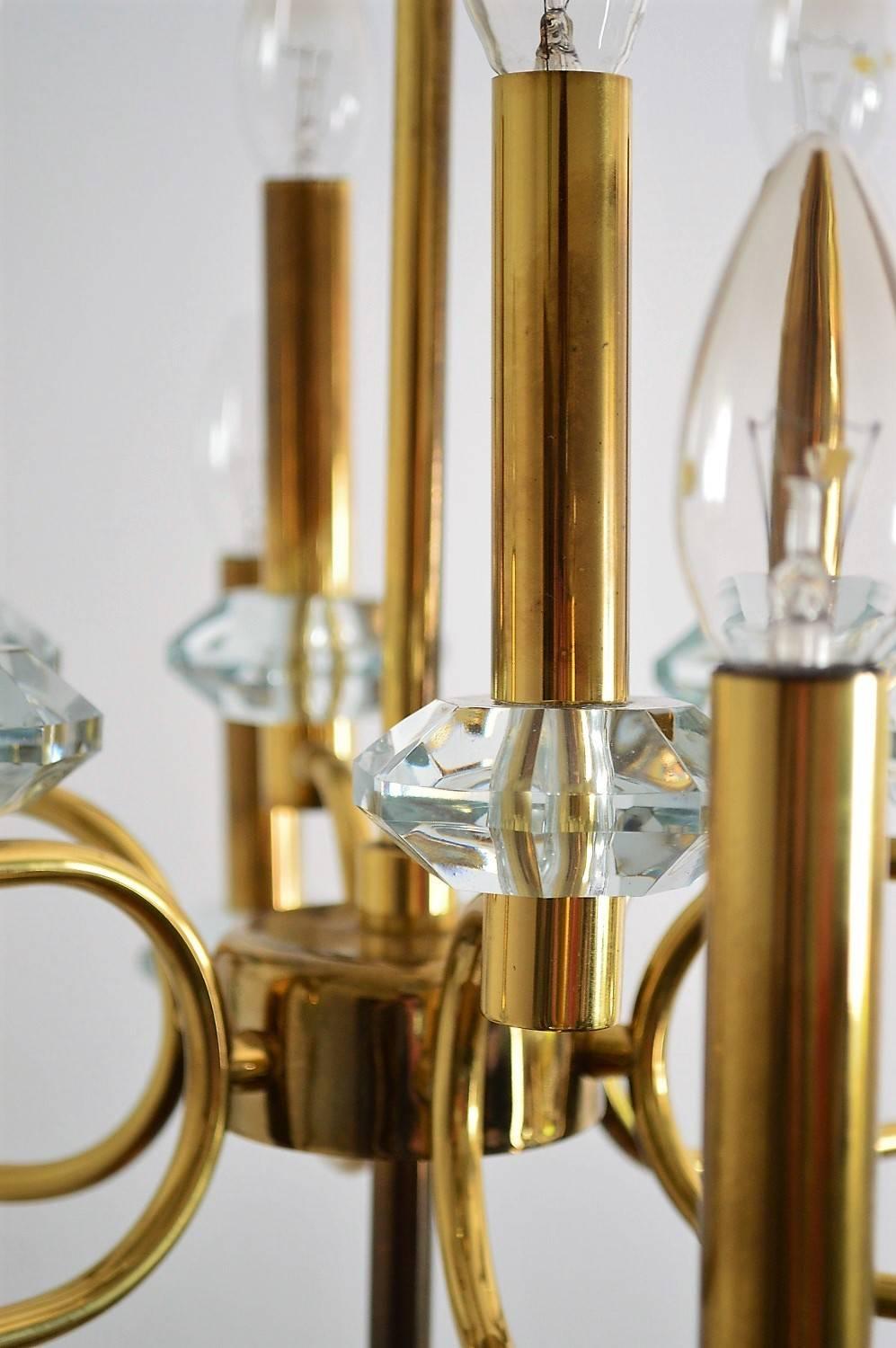 Polished Hollywood Regency Brass and Glass Chandelier with Twelve Lights, 1960s