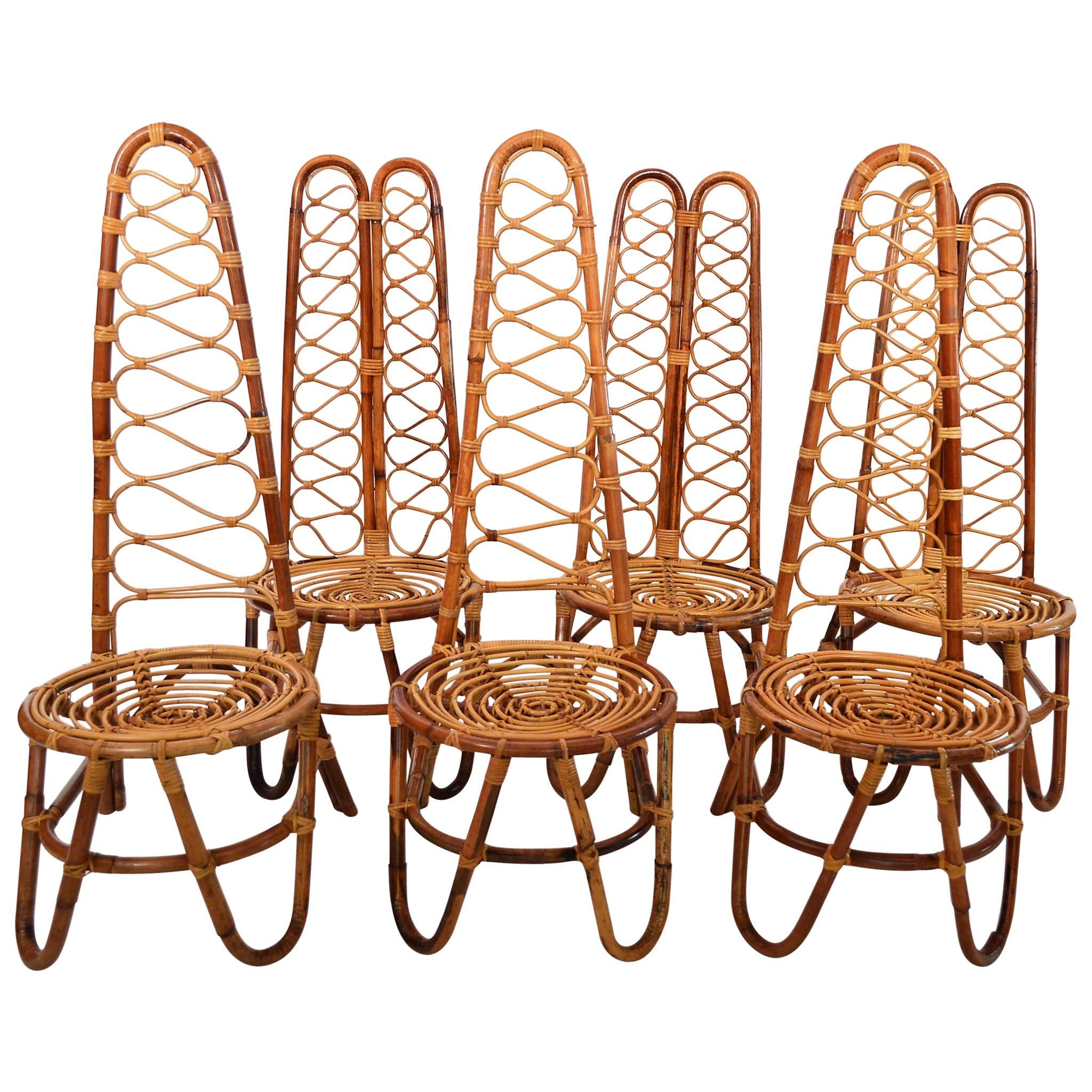 French Riviera Midcentury Bamboo Chairs, Set of Six