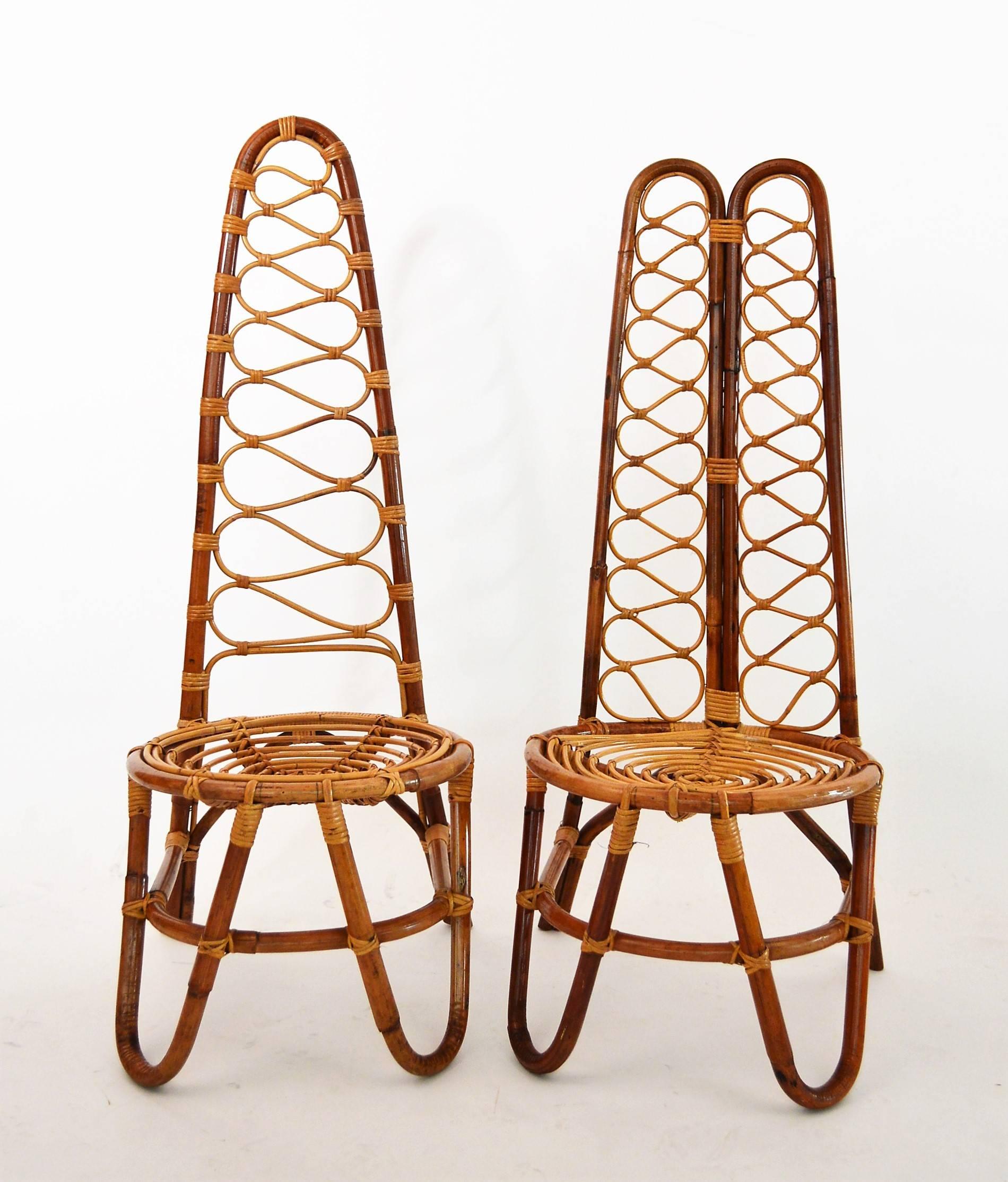 Set of six midcentury Riviera bamboo chairs, composed of
three pieces with single high back
three pieces with double high back
Both chairs are slight different in height of the back, whilst the seat height is the same.
This beautiful set is in