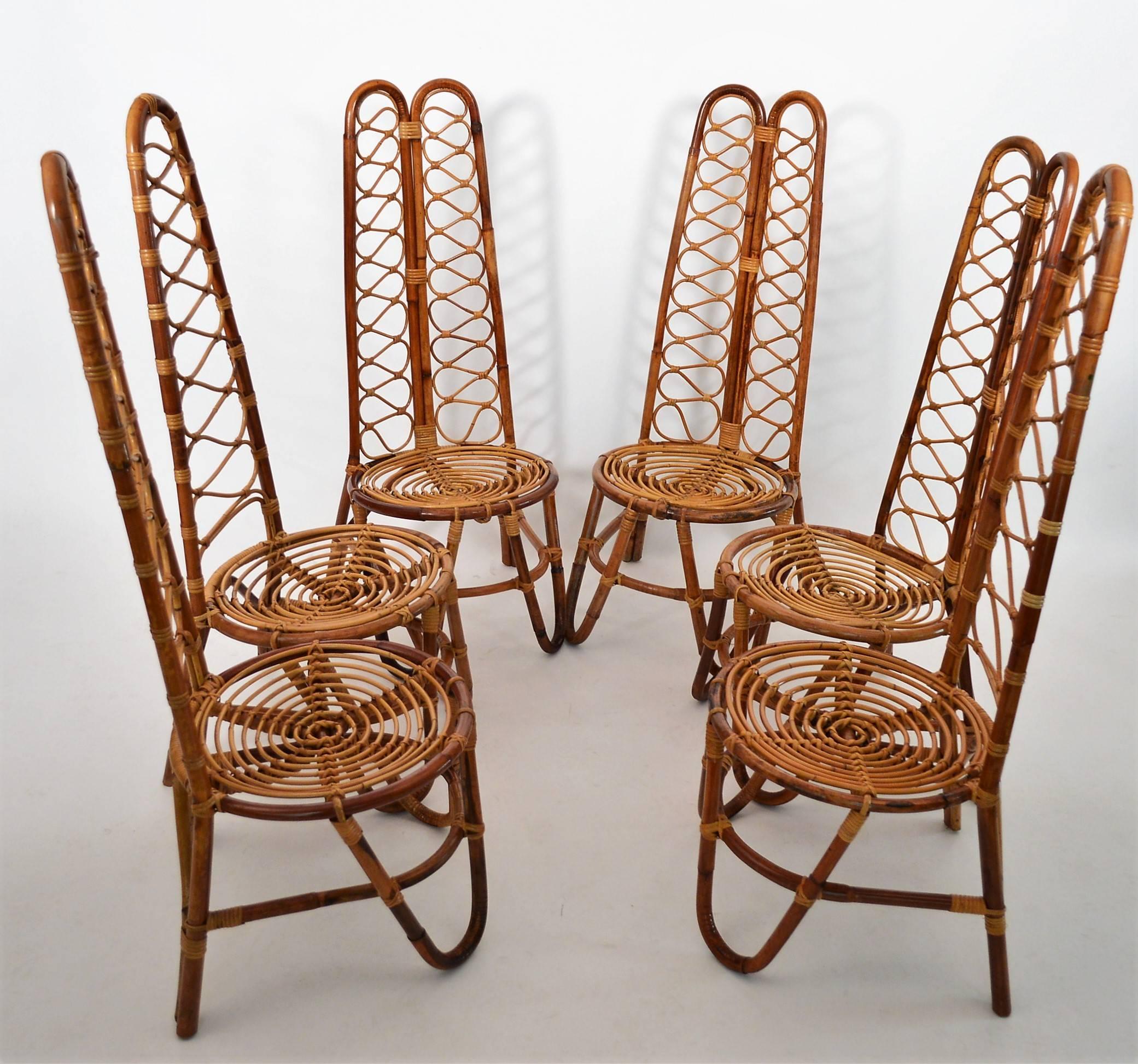Hand-Crafted French Riviera Midcentury Bamboo Chairs, Set of Six