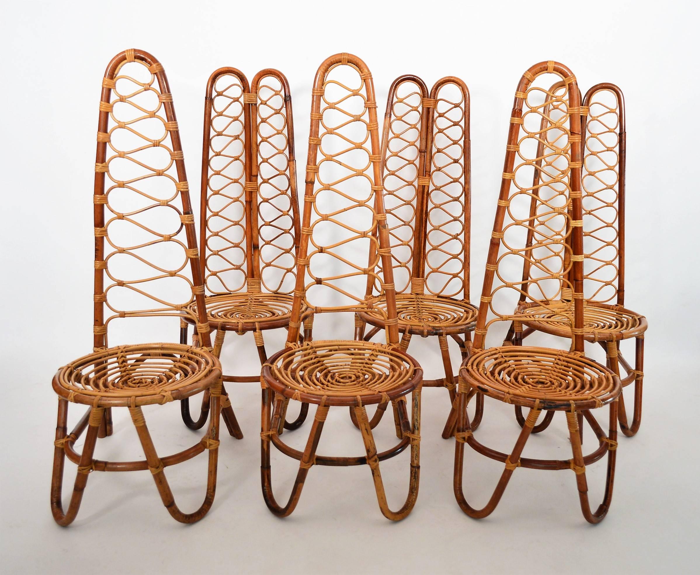 French Riviera Midcentury Bamboo Chairs, Set of Six 5