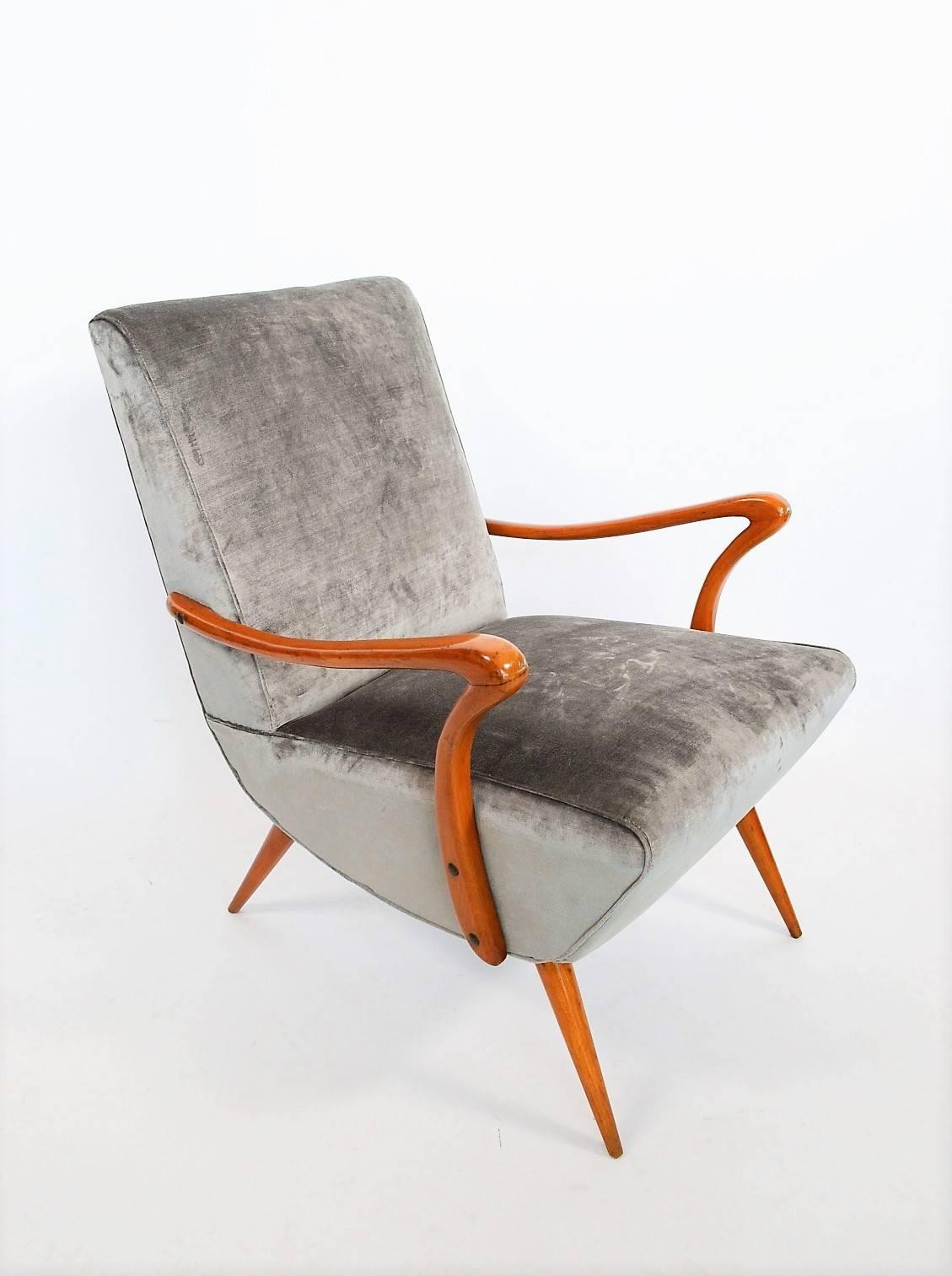Italian Midcentury Beech and Silver-Grey Velvet Armchair Reupholstered, 1950s 2