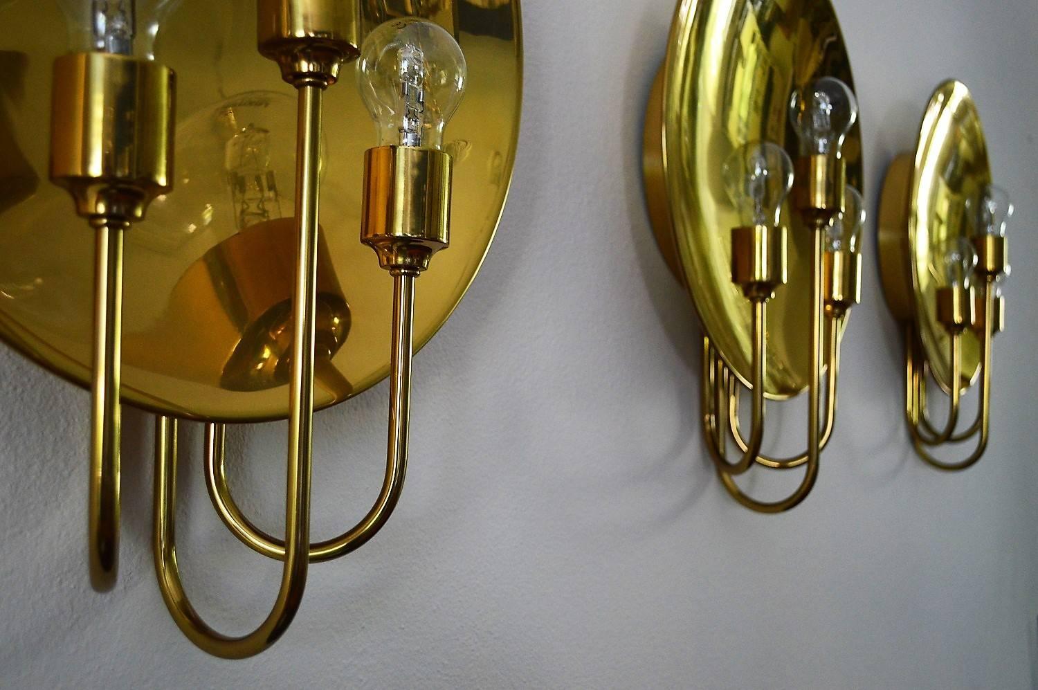 Polished German Midcentury Brass Wall Lights or Sconces by Florian Schulz, 1970s