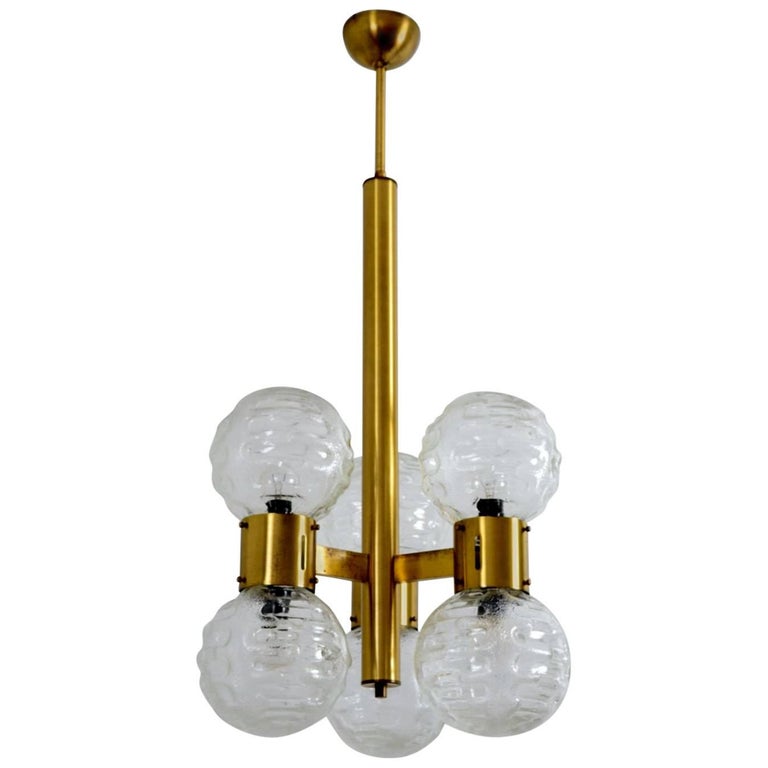 German Hollywood Regency Brass and Glass Sphere Chandelier, 1970s For