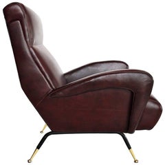 Italian Mid-Century Lounge Chair Reupholstered in Maroon Leather, 1950s