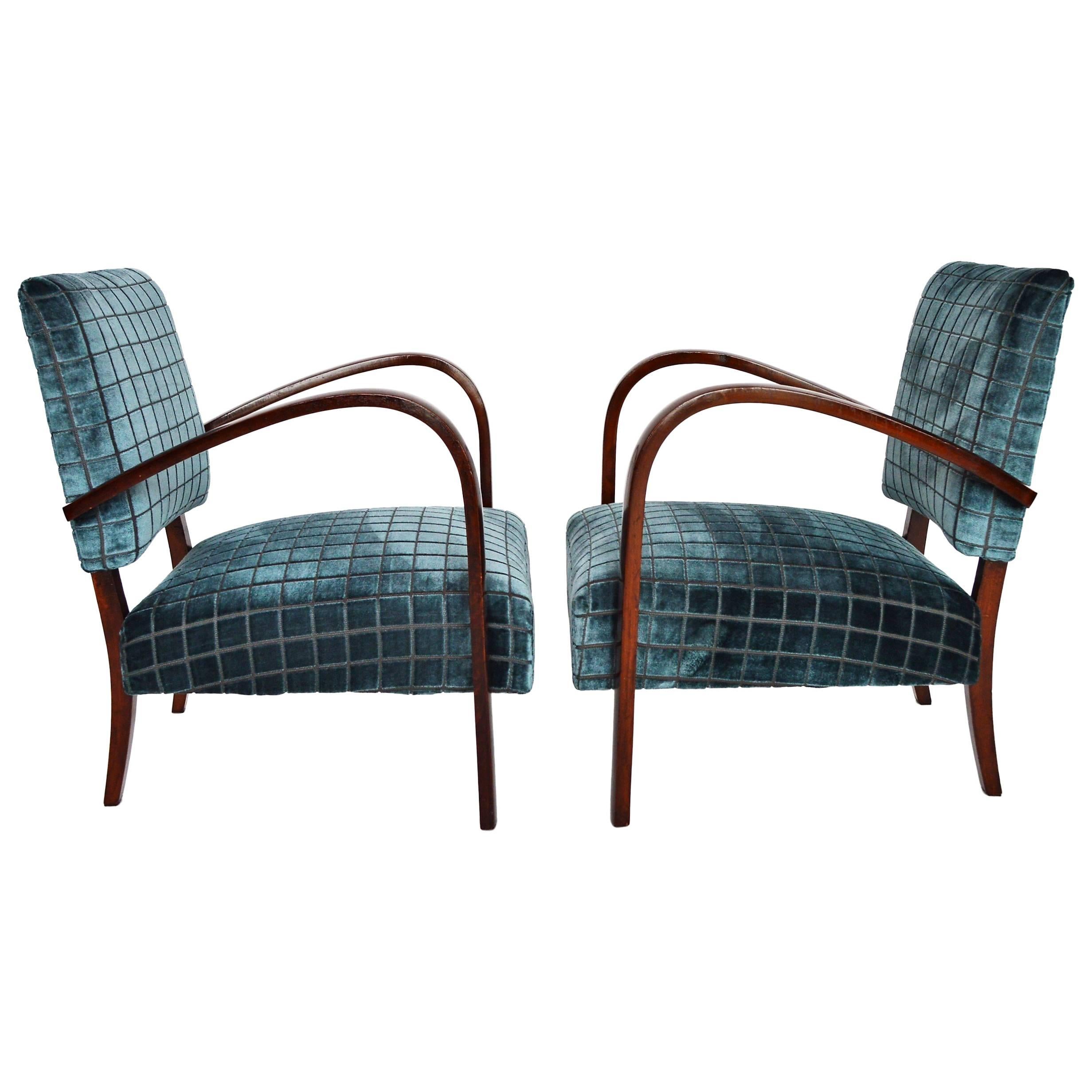 Italian Art Deco Armchairs in Beech and Velvet, 1940s, Set of Two