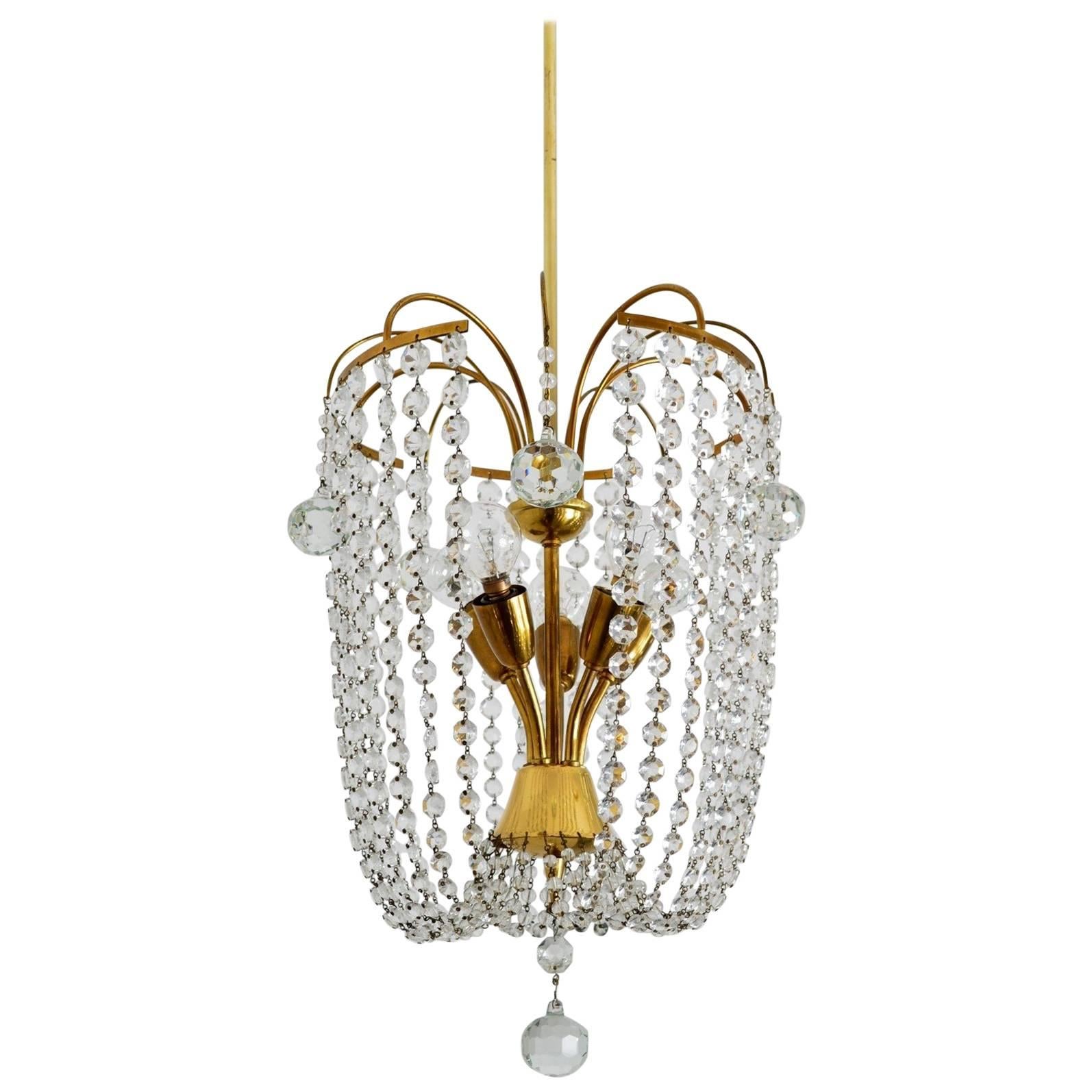 Austrian Midcentury Crystal Glass and Brass Chandelier, 1950s For Sale