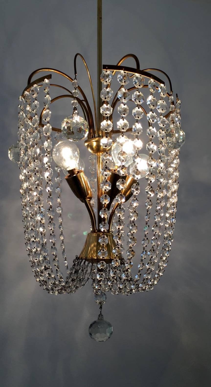 Mid-Century Modern Austrian Midcentury Crystal Glass and Brass Chandelier, 1950s For Sale