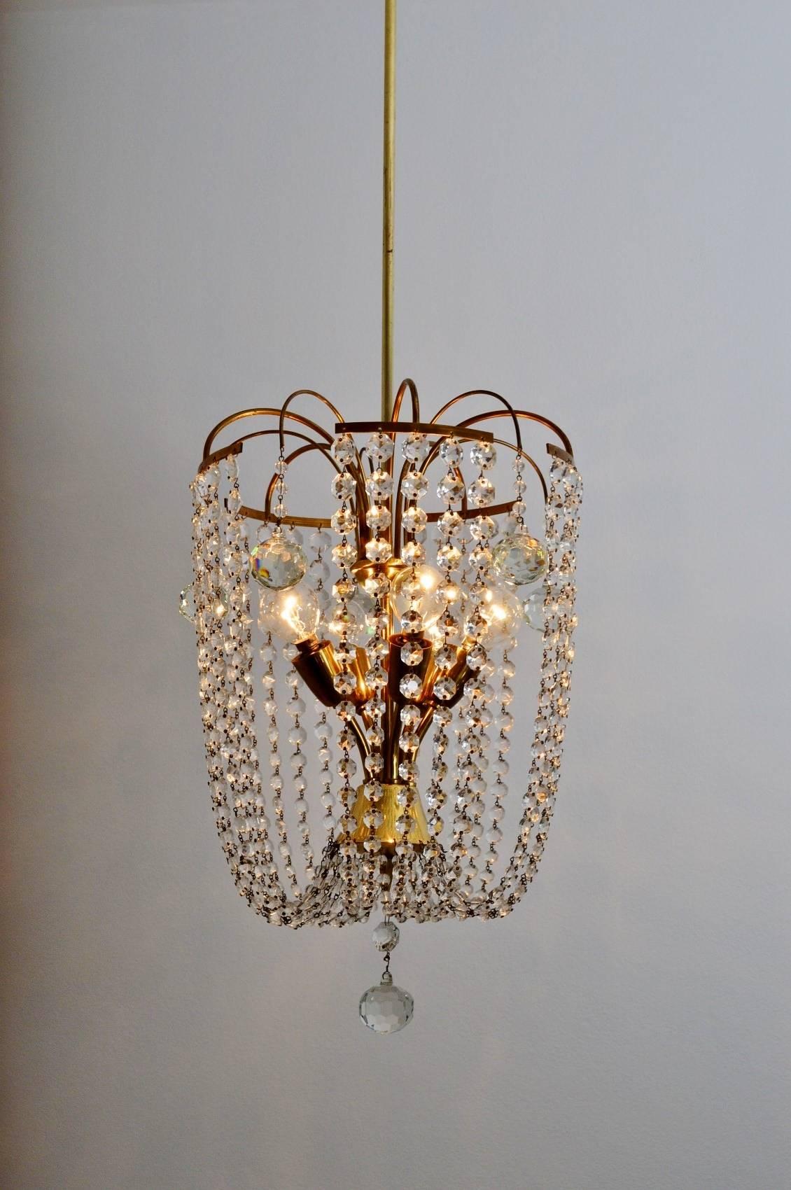 Polished Austrian Midcentury Crystal Glass and Brass Chandelier, 1950s For Sale
