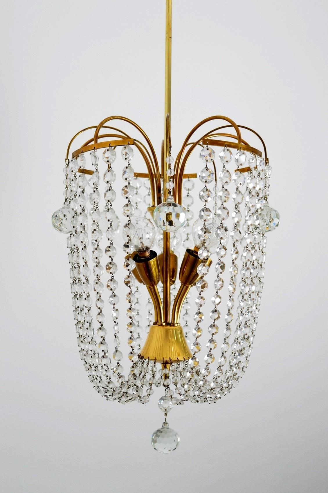 Austrian Midcentury Crystal Glass and Brass Chandelier, 1950s For Sale 2