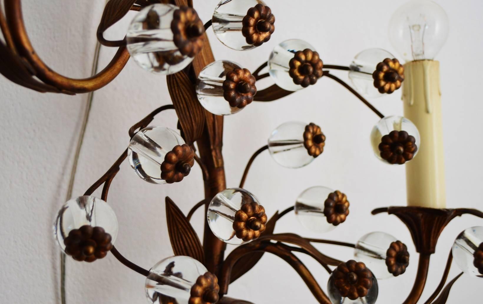 Mid-Century Modern Italian Murano Floral Brass and Glass Wall Sconce, 1960s