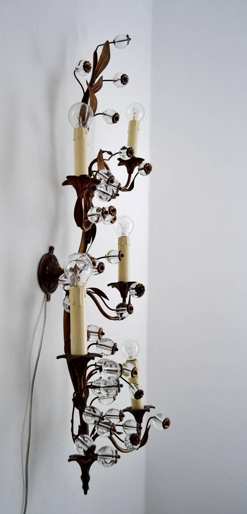 Italian Murano Floral Brass and Glass Wall Sconce, 1960s 1