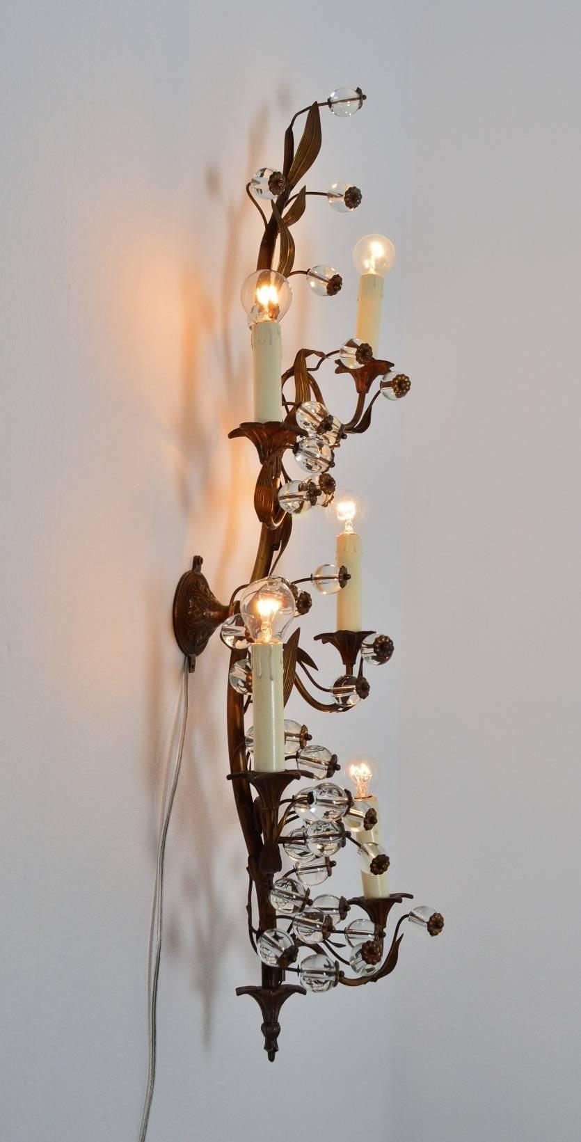 Italian Murano Floral Brass and Glass Wall Sconce, 1960s 3