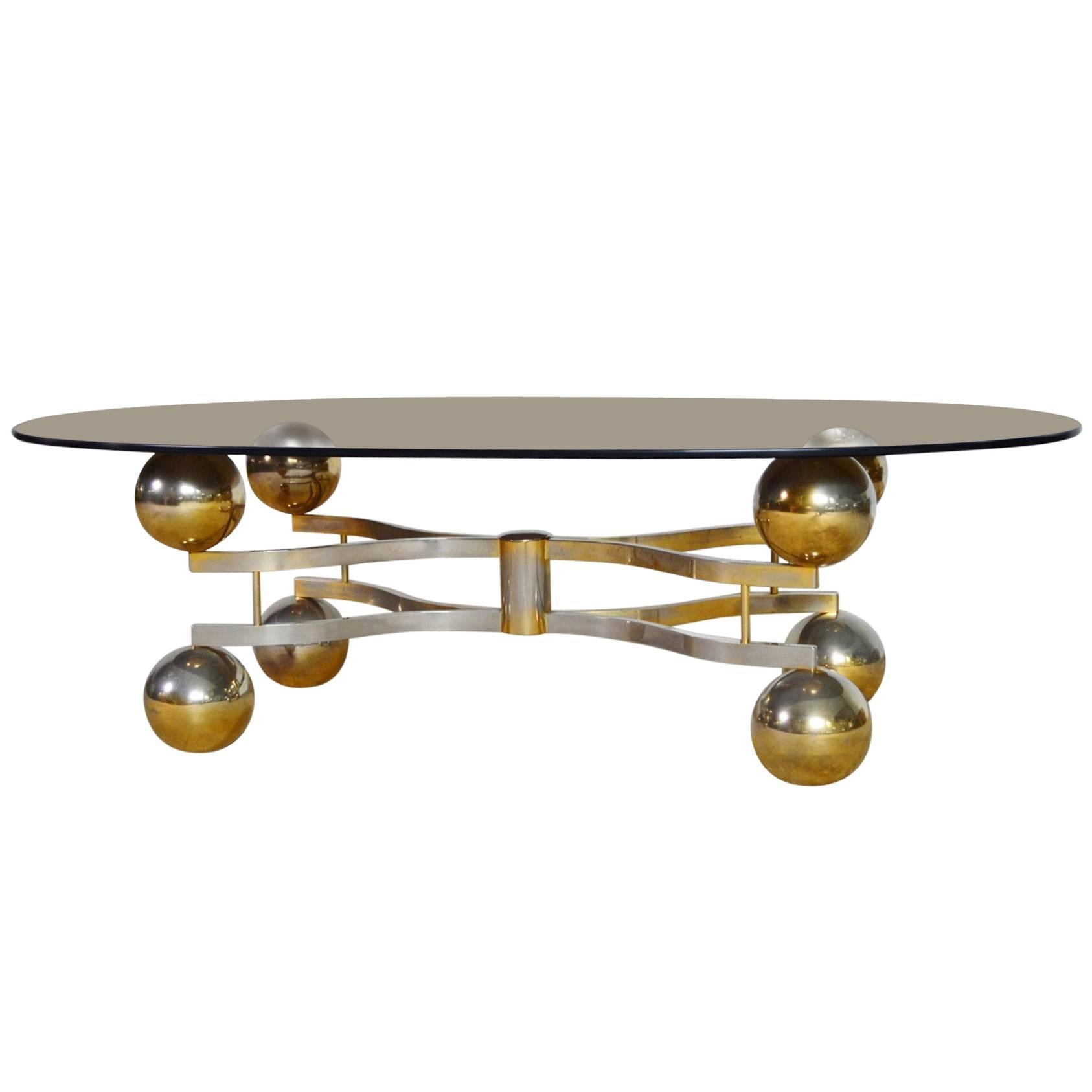 Midcentury Space Age Coffee Table with Brass Finish and Smoke Glass, 1970s