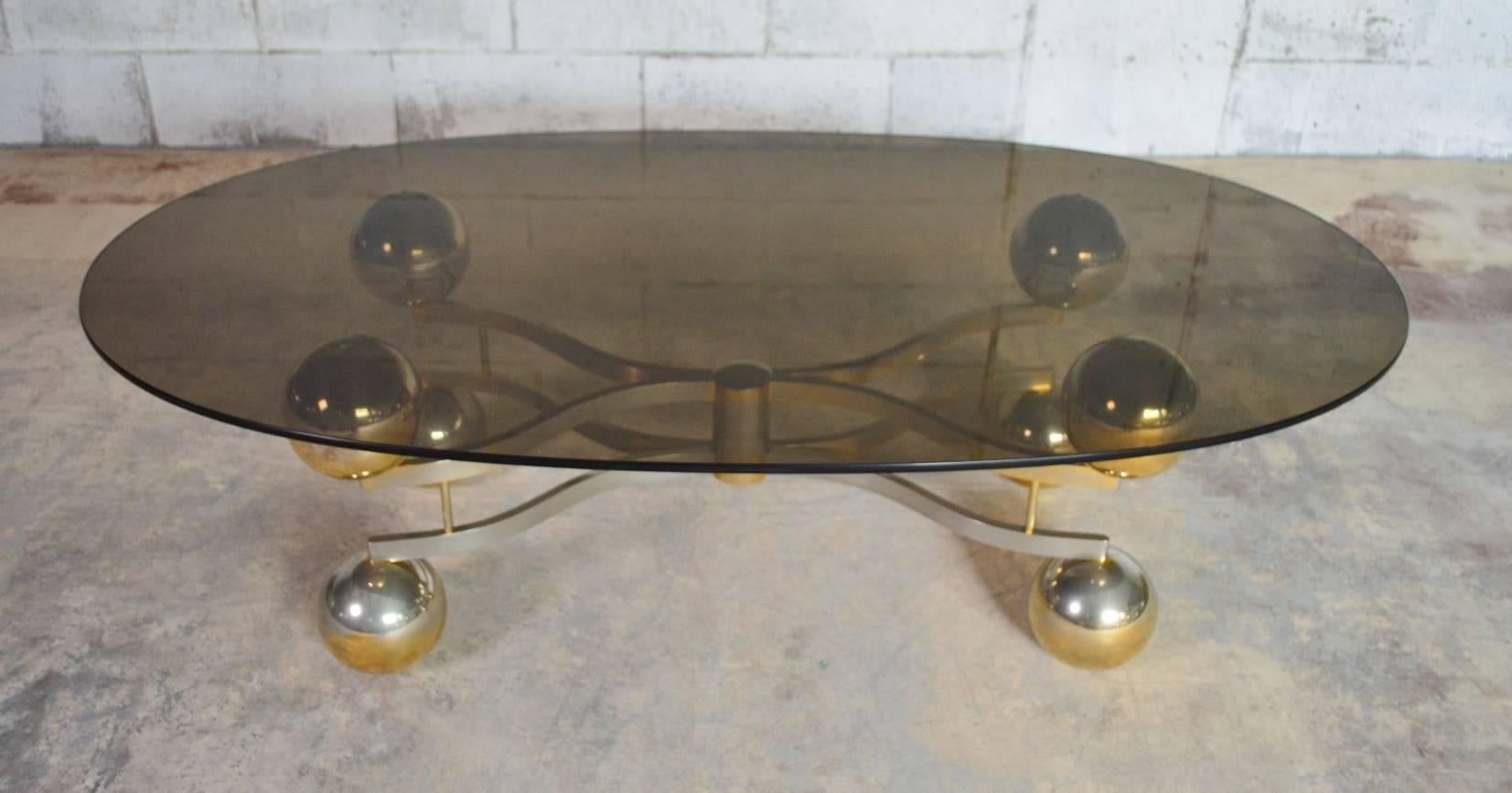 Late 20th Century Midcentury Space Age Coffee Table with Brass Finish and Smoke Glass, 1970s