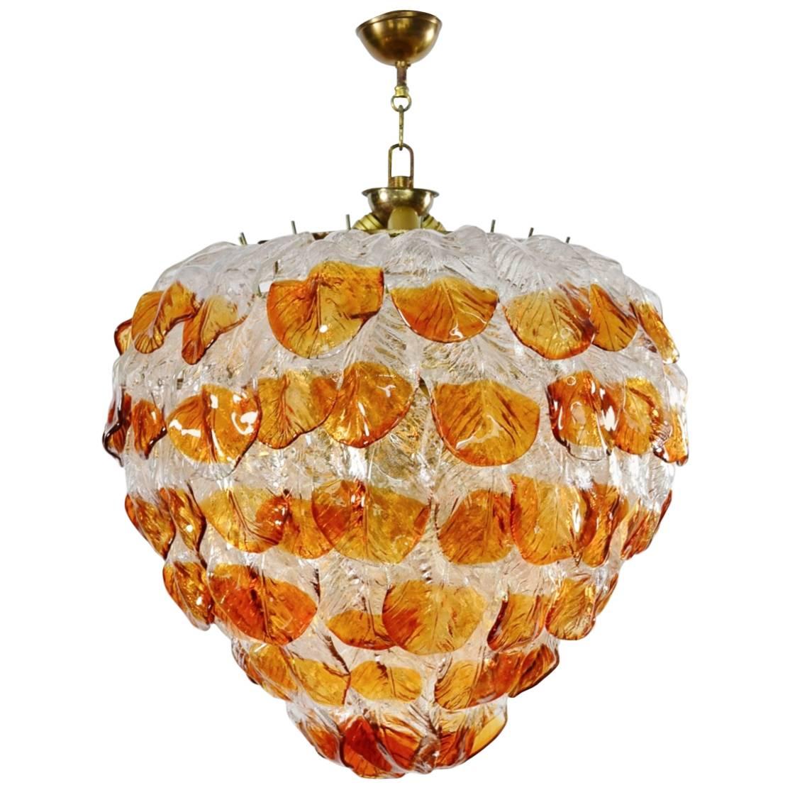 Italian Midcentury Murano Extra Large Chandelier with 99 Crystal Glass Leafs