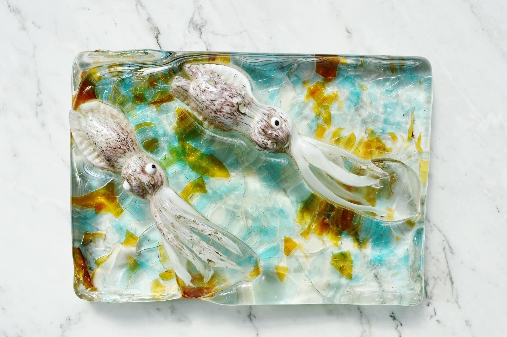 Italian Murano Paperweight Aquarium Squid Signed by Sergio Rossi, Murano, 1970s