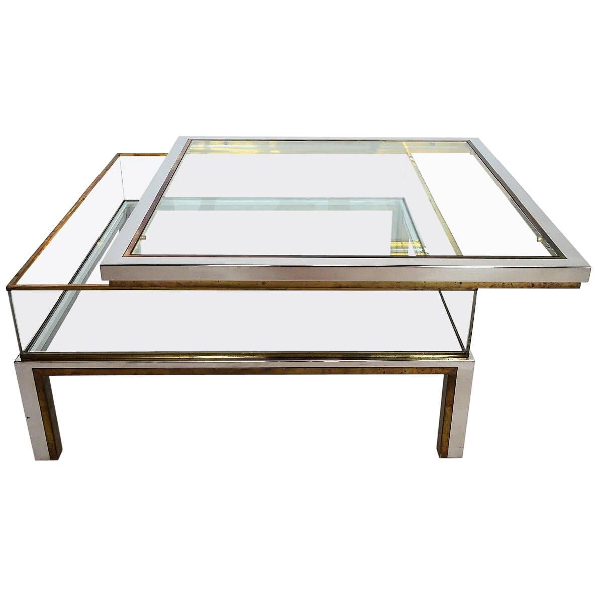 Regency Brass and Chrome Coffee Table with Sliding Display Case, France, 1970s