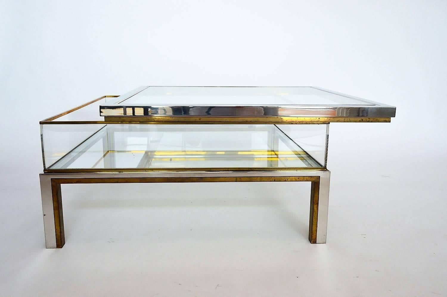 Plexiglass Regency Brass and Chrome Coffee Table with Sliding Display Case, France, 1970s