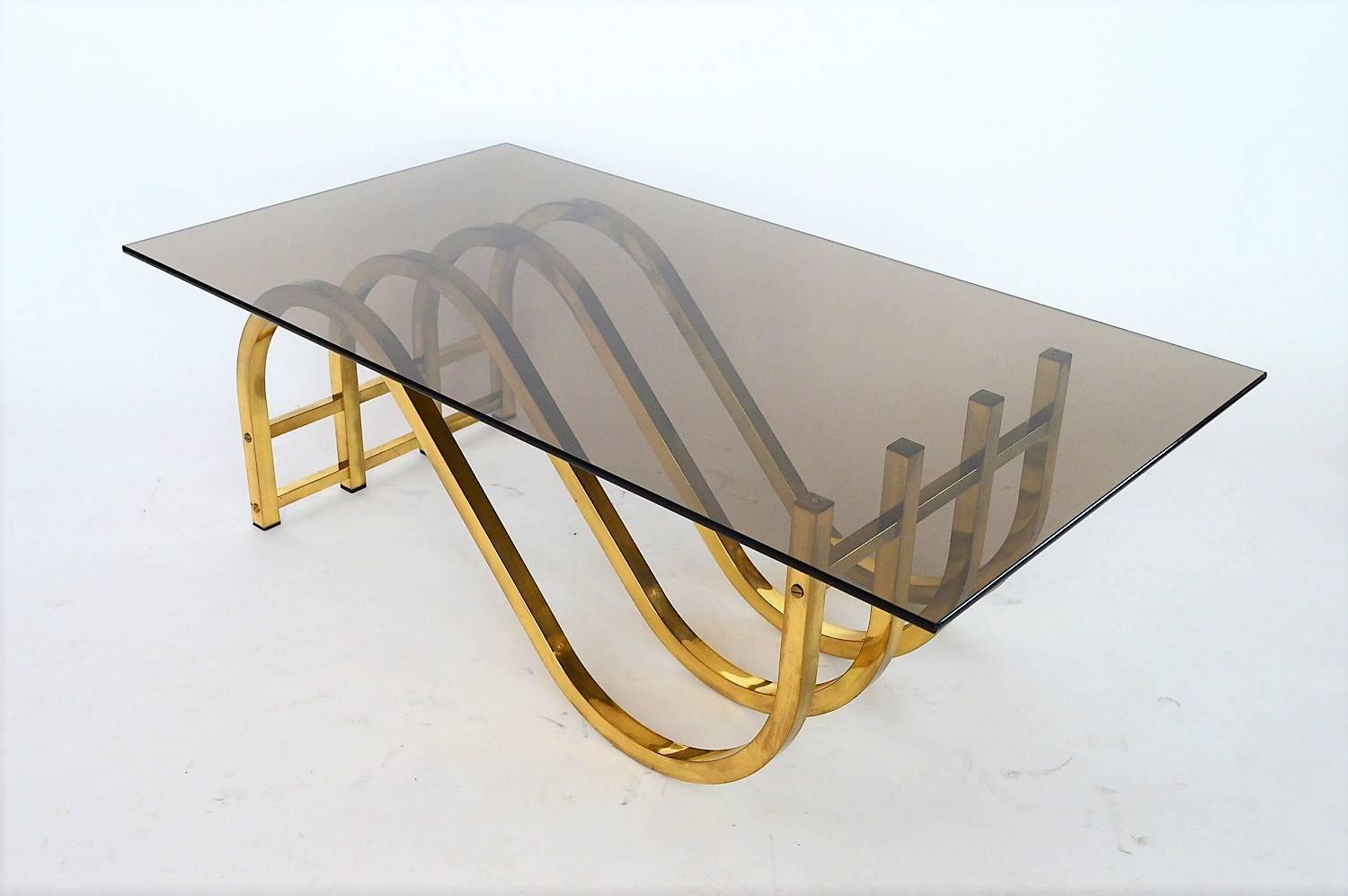 Polished Italian Design Coffee Table with Brass Base, 1970s