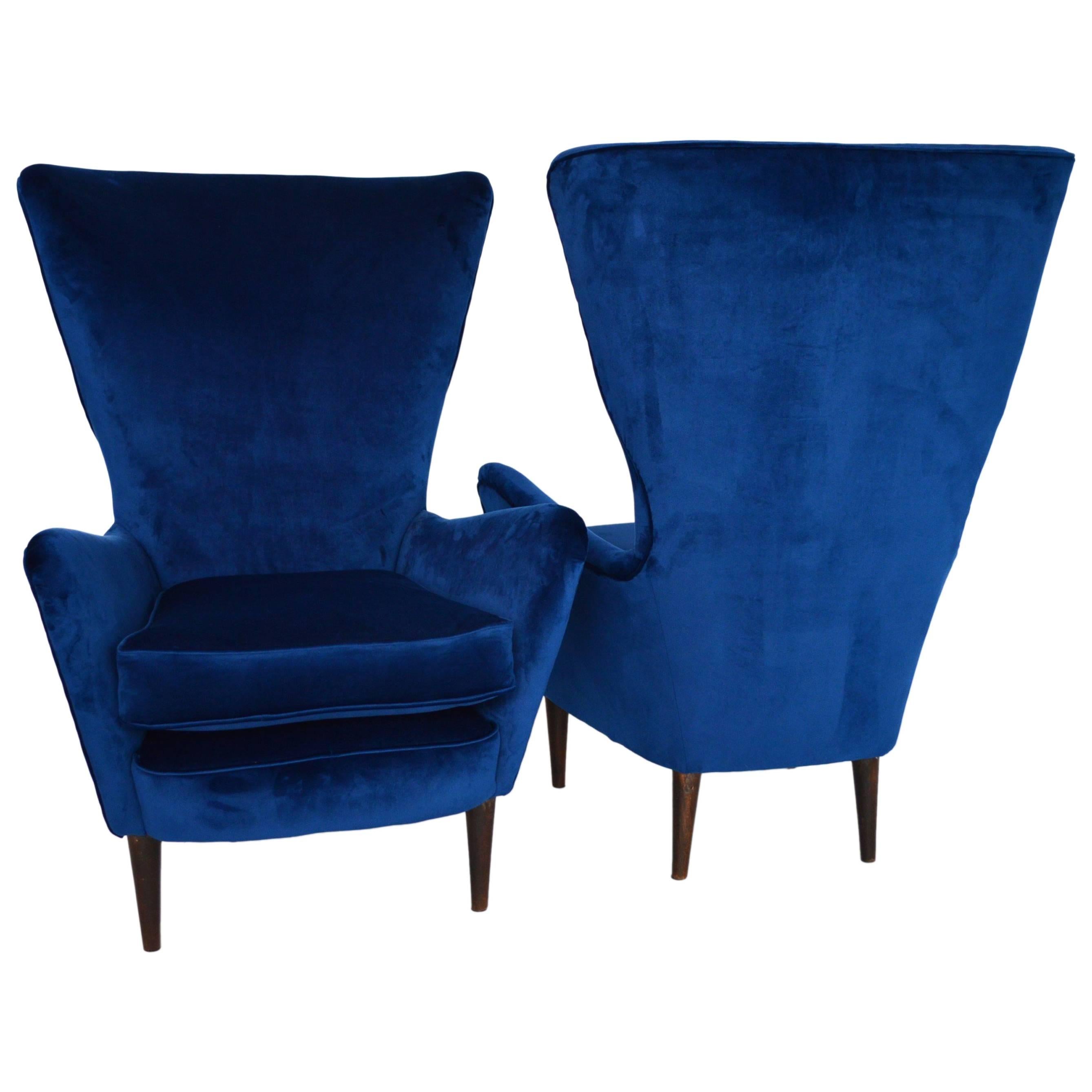 Italian Midcentury Armchairs Restored with Royal-Blue Velvet, 1950s