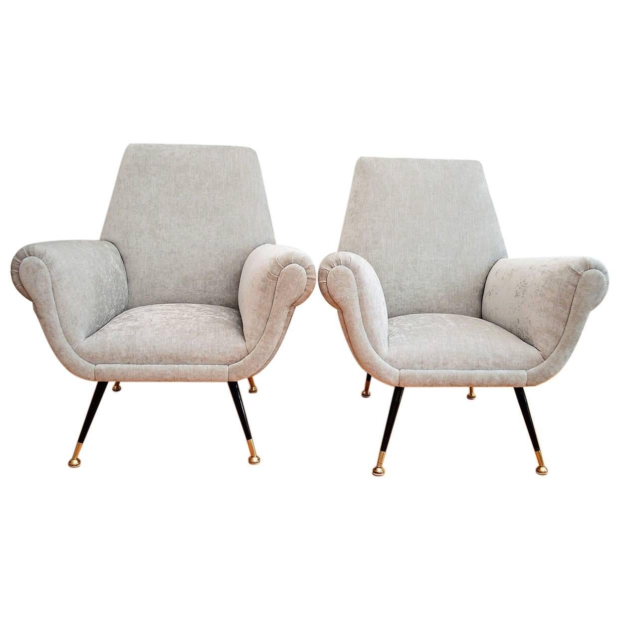 Italian Midcentury Armchairs in Silver Velvet by Gigi Radice for Minotti, 1950s