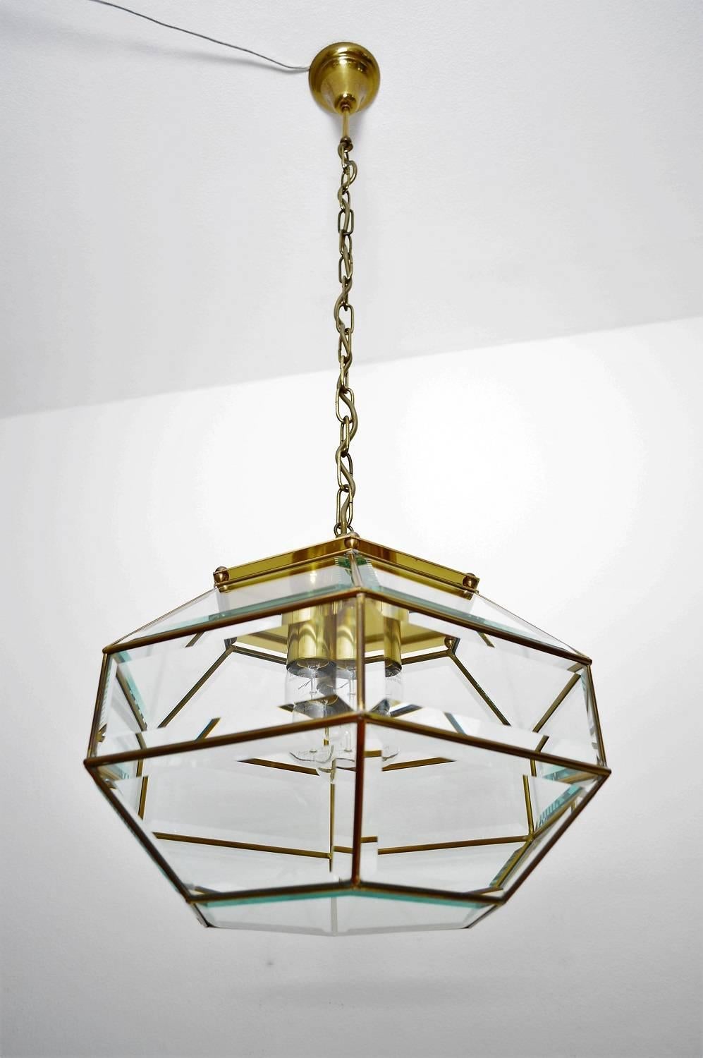 Mid-Century Modern Italian Glass and Brass Ceiling Pendant or Lantern, 1960s
