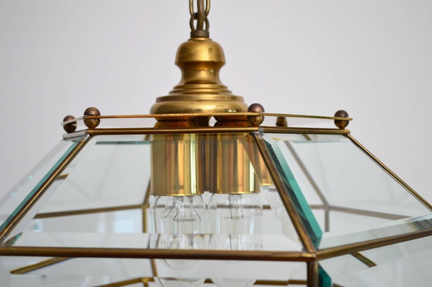 Italian Glass and Brass Ceiling Pendant or Lantern, 1960s 2