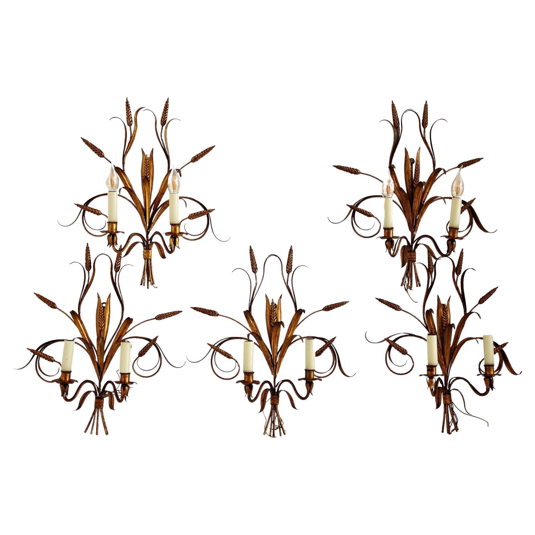 Italian Midcentury Gilt Tole Wall Sconces with Wheat Sheaf, 1950s, Set of Five For Sale