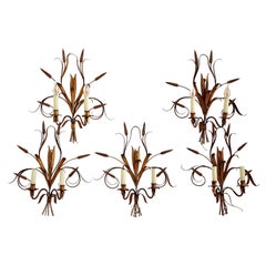 Italian Midcentury Gilt Tole Wall Sconces with Wheat Sheaf, 1950s, Set of Five