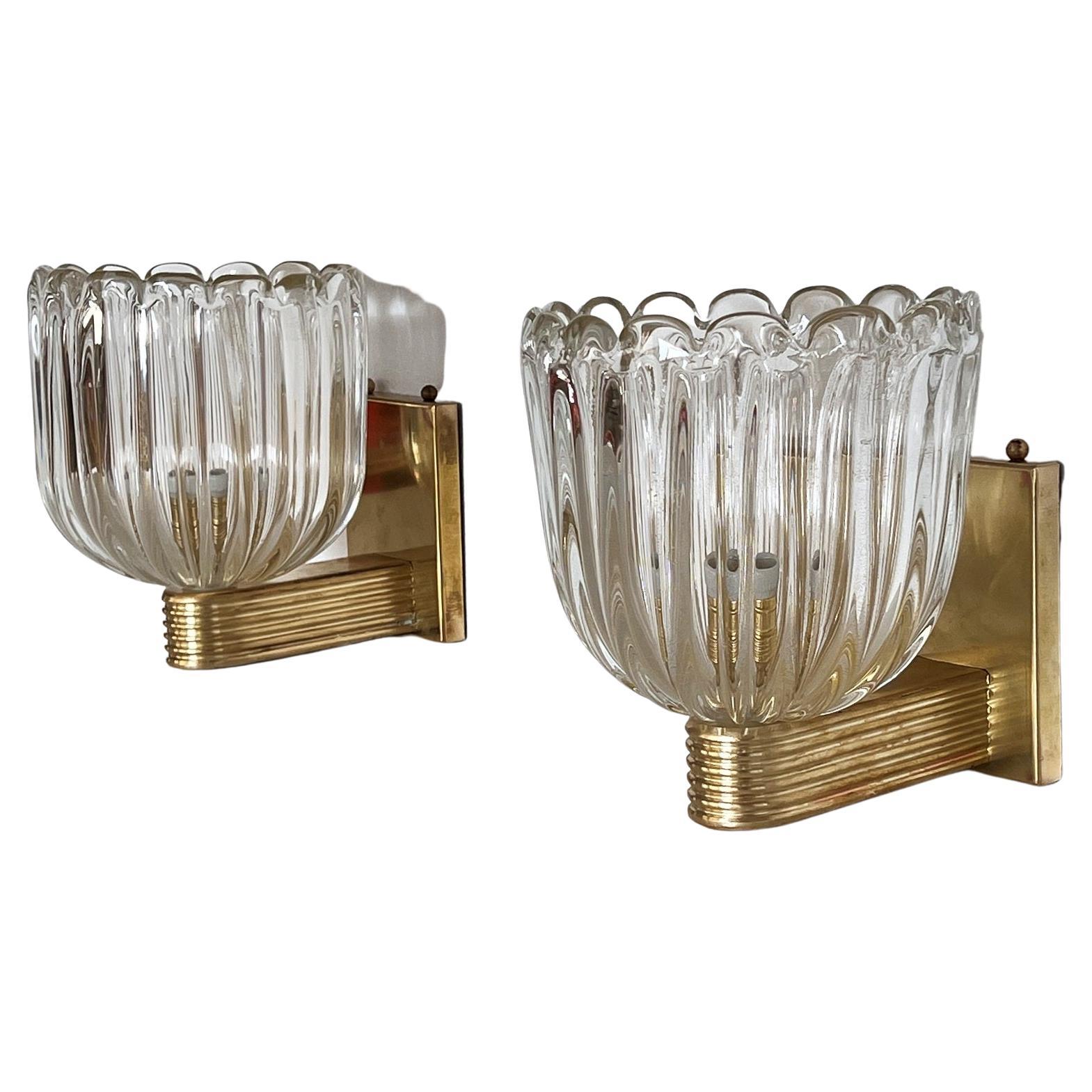 Hand-Crafted Italian Brass and Murano Glass Wall Lights or Sconces in Art Deco Style, 1990s