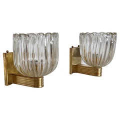 Vintage Italian Brass and Murano Glass Wall Lights or Sconces in Art Deco Style, 1990s