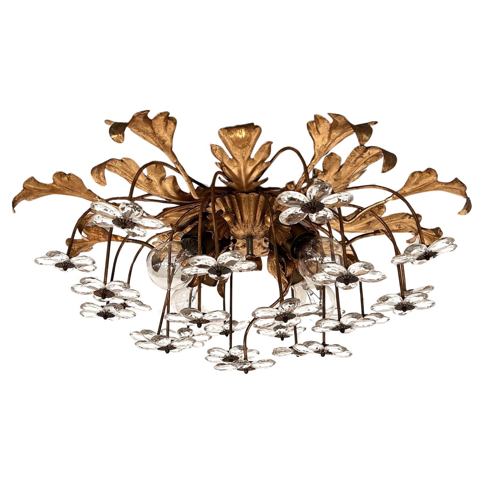 Italian Florentine Flush Mount Light with Murano Glass Flowers by Banci Florence For Sale