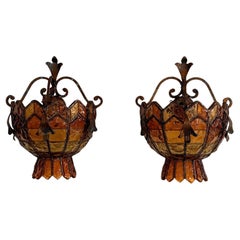 Pair of Sconces in Wrought Iron and Hammered Glass by Longobard, Italy, 1970s