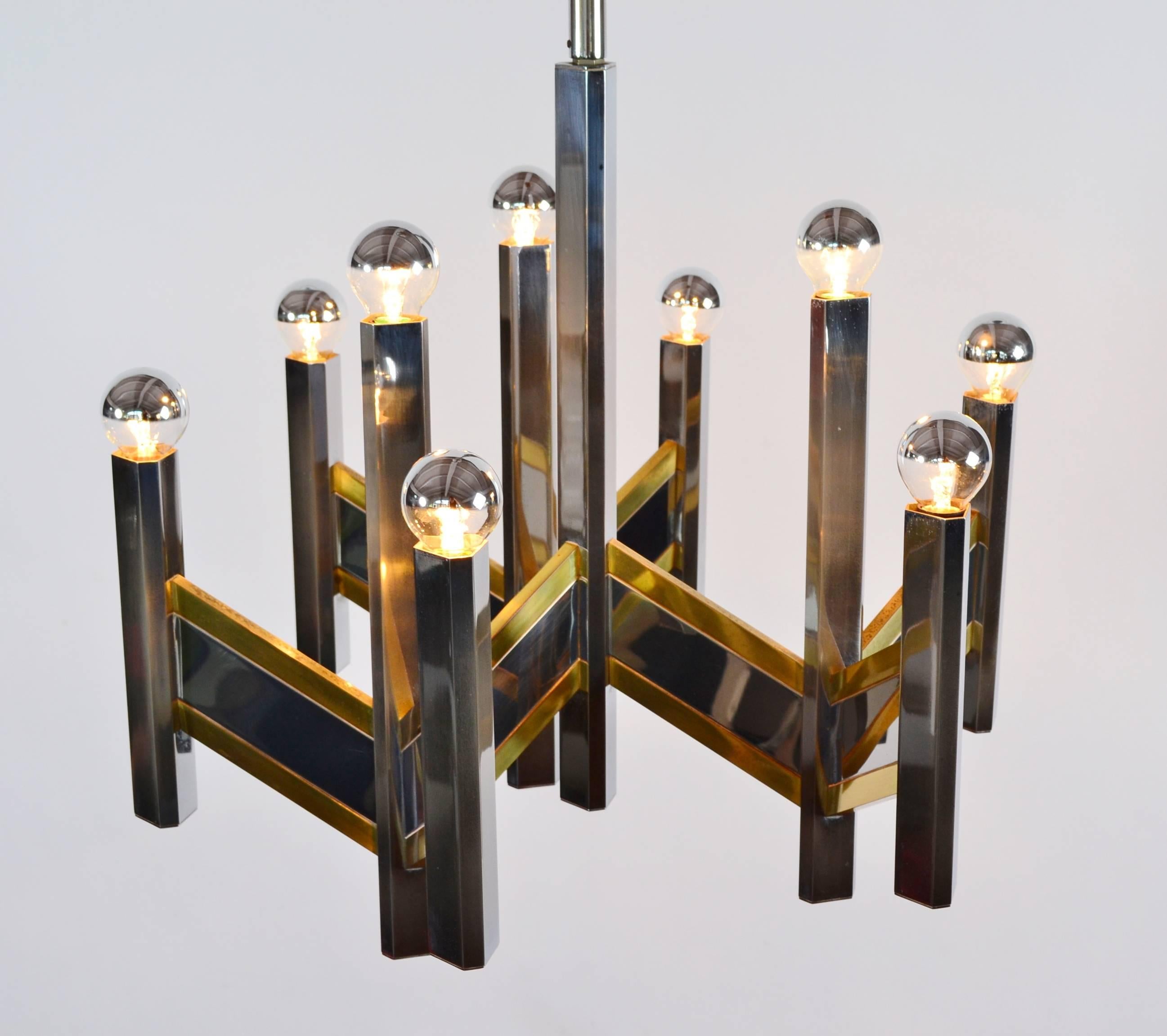 Polished Gaetano Sciolari Brass and Chrome Chevron Chandelier, 1960s