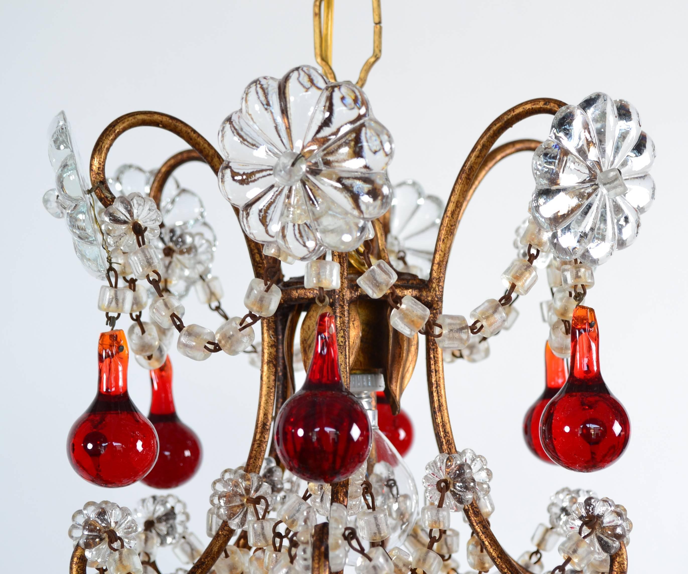 Italian Murano Red Glass Drops Chandelier, 1950s with Four Lights 2