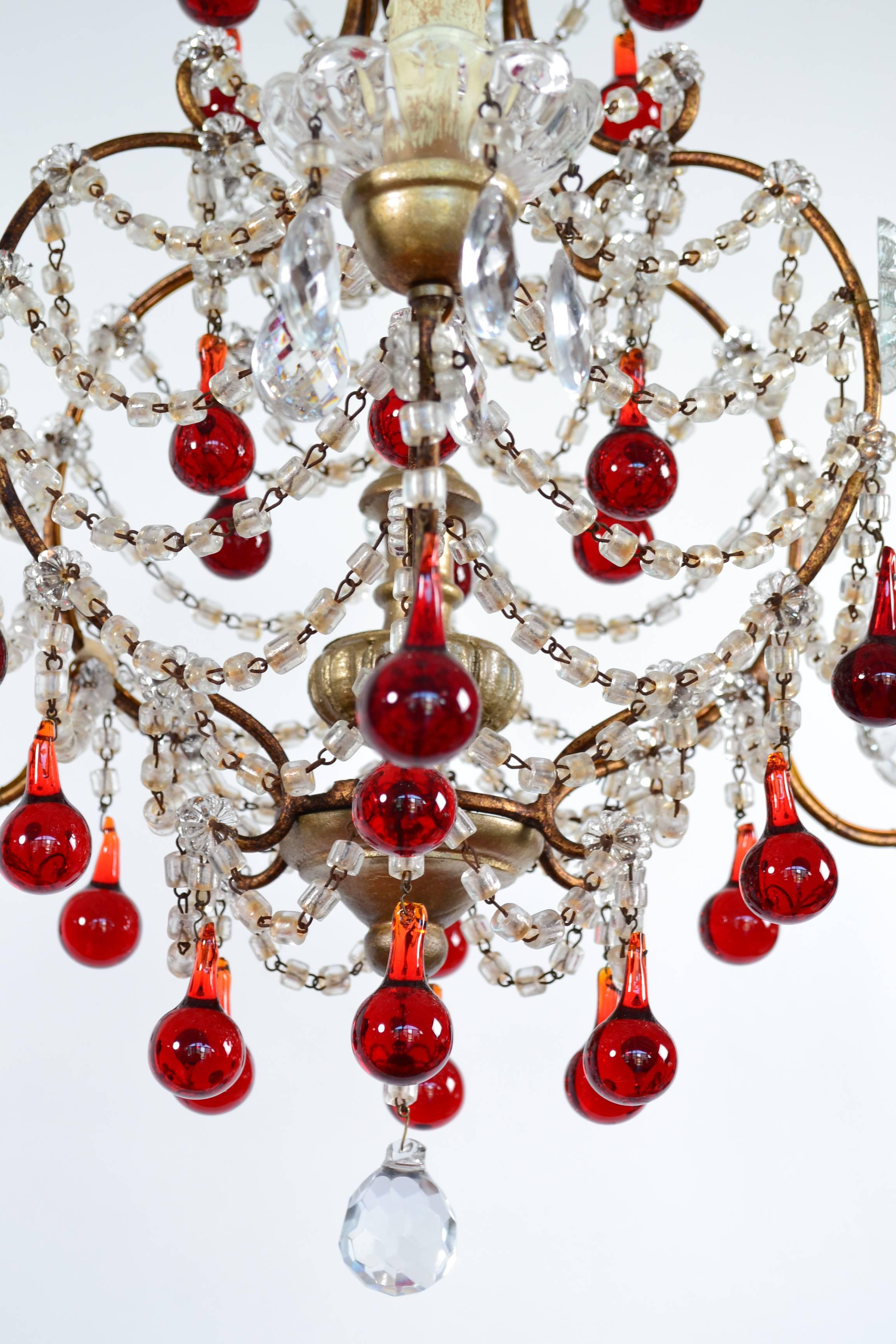 Italian Murano Red Glass Drops Chandelier, 1950s with Four Lights 1