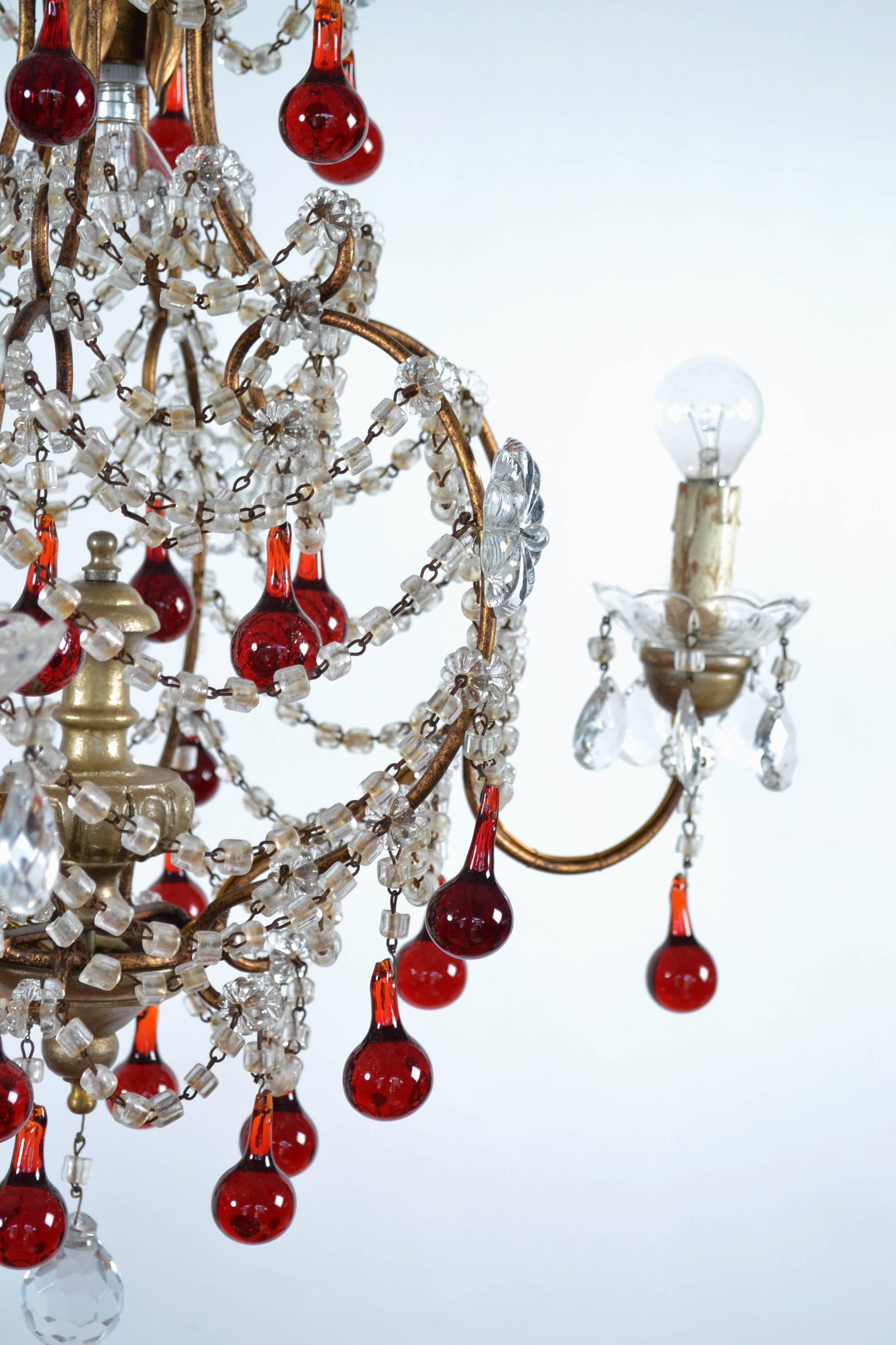 Italian Murano Red Glass Drops Chandelier, 1950s with Four Lights 3